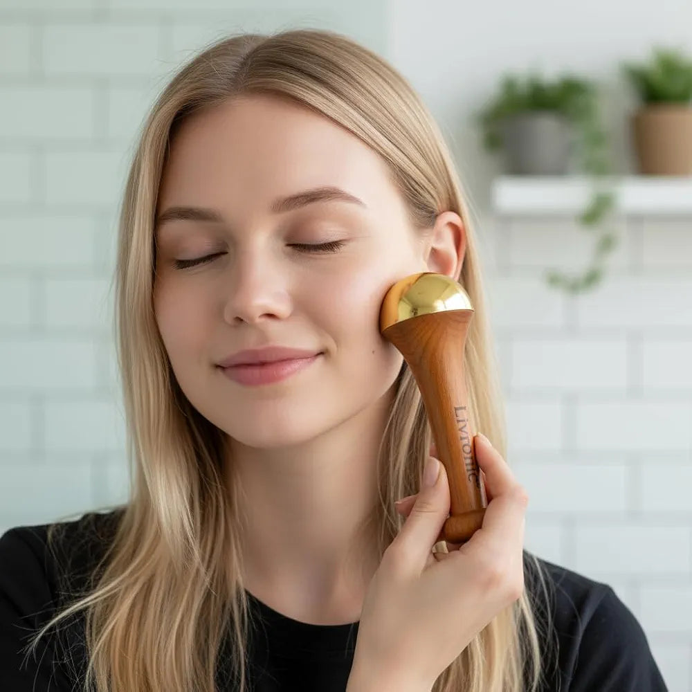Livronic®Kansa Wand Massager for Face, Body & Foot | 100% Bronze Kansa Vati Foot Massager with Teak Wooden Handle | Massage Tool for Detox, Relaxation, Wellness & Stress Relief | (4.5 cm Cap)