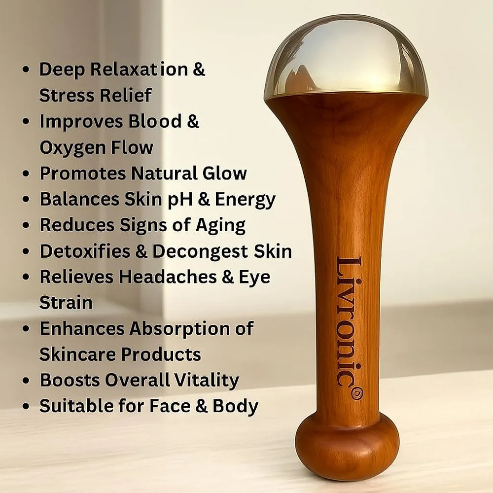 Livronic®Kansa Wand Massager for Face, Body & Foot | 100% Bronze Kansa Vati Foot Massager with Teak Wooden Handle | Massage Tool for Detox, Relaxation, Wellness & Stress Relief | (4.5 cm Cap)