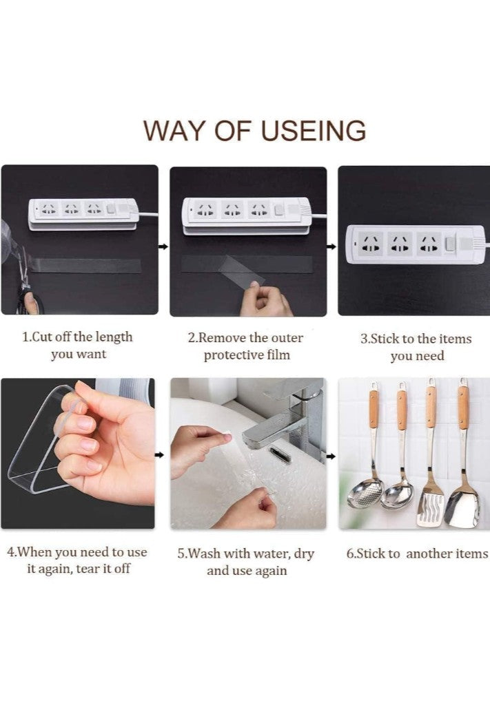 Multipurpose Double Sided Tape Heavy Duty - Adhesive Silicone Tape, Heat Resistant, Multi-Functional, Removable, Washable, Reusable Anti-Slip Gel Nano Grip Tape- 3 Meter
